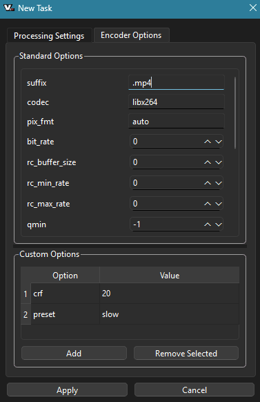 G Aesthetics video2x Encoder Options screen